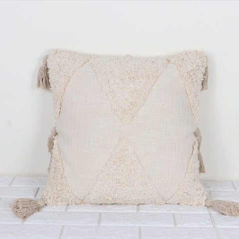 Hand Tufted Texture Boho Off-White Fringe Cushion Cover