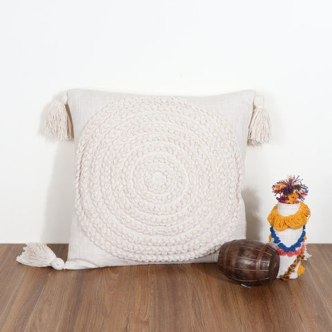 Hand Tufted Texture Boho Ivory Fringe Cushion Cover