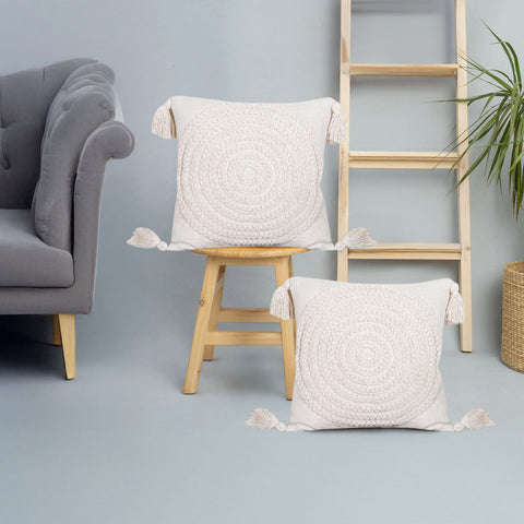 Set Of 2 Hand Tufted Texture Boho Ivory Fringe Cushion Cover