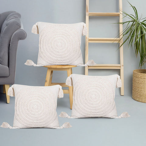 Set Of 3 Hand Tufted Texture Boho Ivory Fringe Cushion Cover