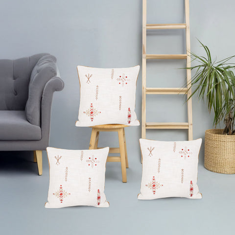 Set Of 3 Tufted Texture Boho Off-White Red Fringe Cushion Cover