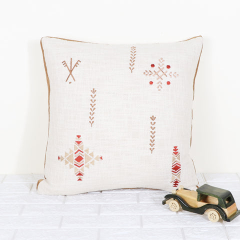 Tufted Texture Boho Off-White and Red Fringe Cushion Cover
