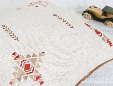 Set Of 3 Tufted Texture Boho Off-White Red Fringe Cushion Cover