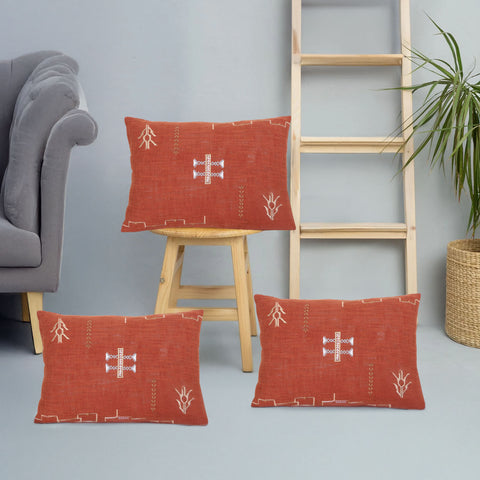 Set Of 3 Tufted Texture Boho Brick Red Off-White Cushion Cover