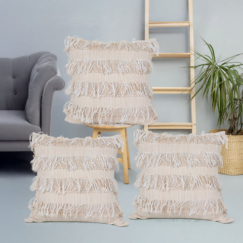 Set Of 3 Hand Tufted Texture Boho Off-White Fringe Cushion Cover