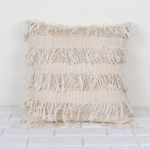 Hand Tufted Texture Boho Off-White Fringe Cushion Cover