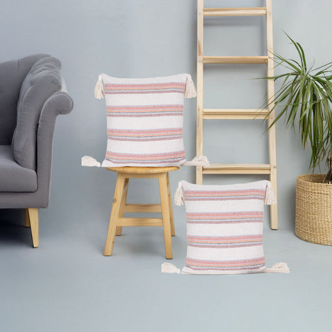 Set Of 2 Off-White Hand loom Woven Natural Cotton Tassel Cushion Cover