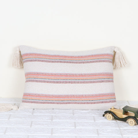 Set Of 2 Hand Loom Woven Texture Boho Off-White Red Tassel Cushion Cover