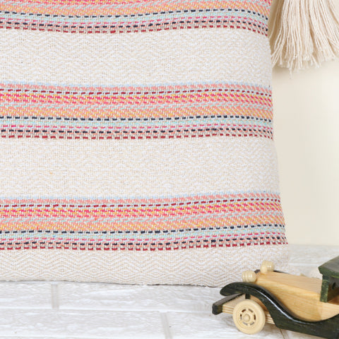 Set Of 2 Hand Loom Woven Texture Boho Off-White Red Tassel Cushion Cover