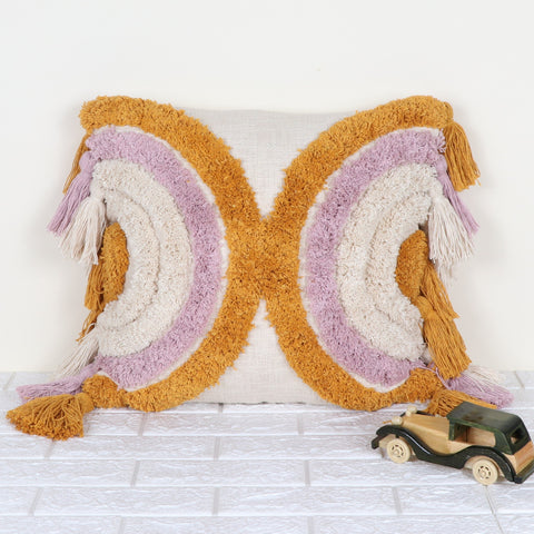 Set Of 2 Hand Tufted Texture Boho Ivory Yellow Fringe Cushion Cover