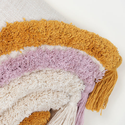 Set Of 2 Hand Tufted Texture Boho Ivory Yellow Fringe Cushion Cover