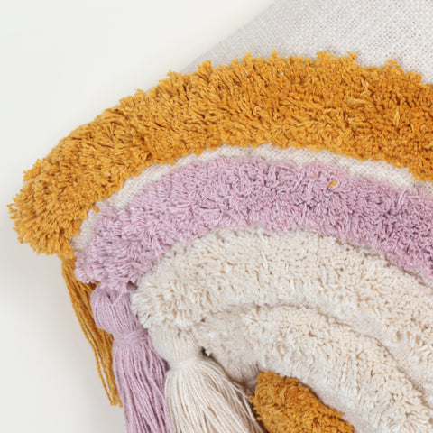 Set Of 2 Hand Tufted Texture Boho Ivory Yellow Fringe Cushion Cover