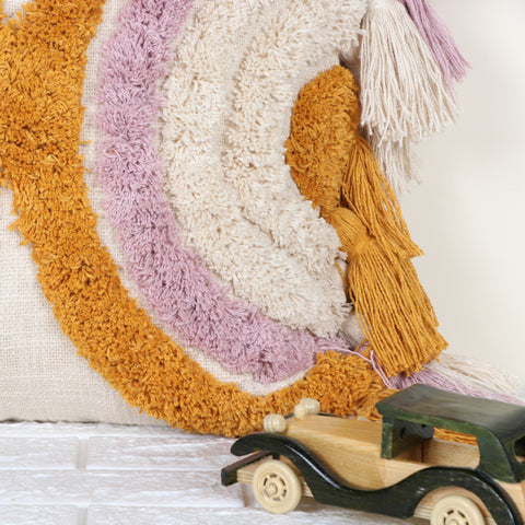 Set Of 2 Hand Tufted Texture Boho Ivory Yellow Fringe Cushion Cover