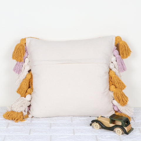 Set Of 2 Hand Tufted Texture Boho Ivory Yellow Fringe Cushion Cover