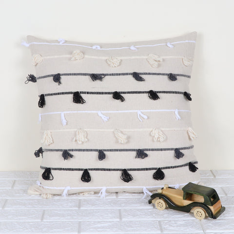 Set Of 2 Hand Loom Woven Texture Boho Off-White Black Chunky Loops Stripe Cushion Cover