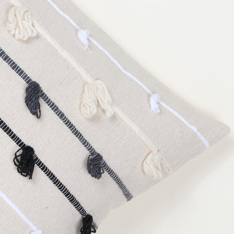 Set Of 2 Hand Loom Woven Texture Boho Off-White Black Chunky Loops Stripe Cushion Cover