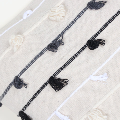 Set Of 2 Hand Loom Woven Texture Boho Off-White Black Chunky Loops Stripe Cushion Cover