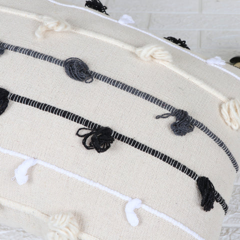 Set Of 2 Hand Loom Woven Texture Boho Off-White Black Chunky Loops Stripe Tassel Cushion Cover