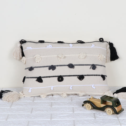 Set Of 2 Hand Loom Woven Texture Boho Off-White Black Chunky Loops Stripe Tassel Cushion Cover