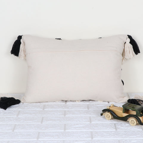 Set Of 2 Hand Loom Woven Texture Boho Off-White Black Chunky Loops Stripe Tassel Cushion Cover