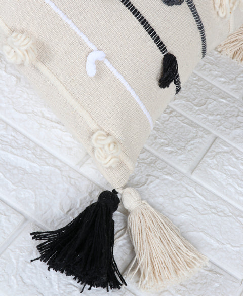 Set Of 2 Hand Loom Woven Texture Boho Off-White Black Chunky Loops Stripe Tassel Cushion Cover