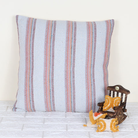 Set Of 2 Hand Loom Woven Texture Boho Blue White Stripe Fringe Cushion Cover
