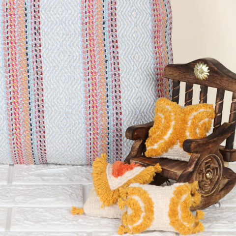 Set Of 2 Hand Loom Woven Texture Boho Blue White Stripe Fringe Cushion Cover