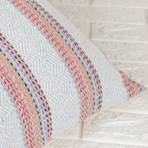 Set Of 2 Hand Loom Woven Texture Boho Blue White Stripe Fringe Cushion Cover