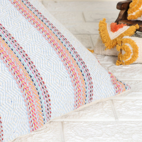 Set Of 2 Hand Loom Woven Texture Boho Blue White Stripe Fringe Cushion Cover