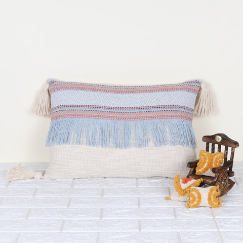 Set Of 2 Hand Loom Woven Texture Boho Blue White Stripe Fringe Cushion Cover