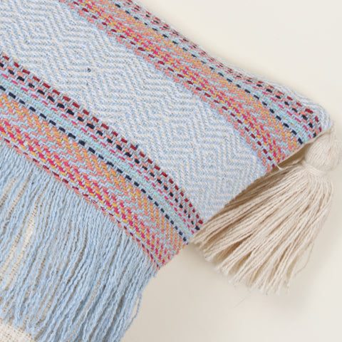 Set Of 2 Hand Loom Woven Texture Boho Blue White Stripe Fringe Cushion Cover