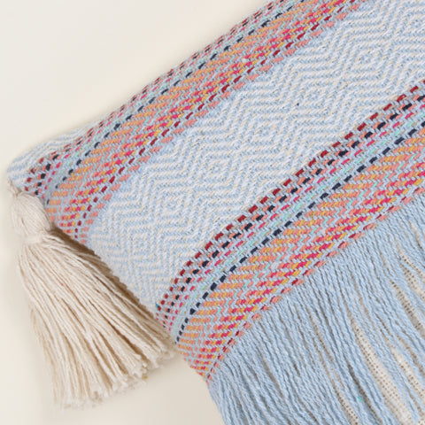 Set Of 2 Hand Loom Woven Texture Boho Blue White Stripe Fringe Cushion Cover