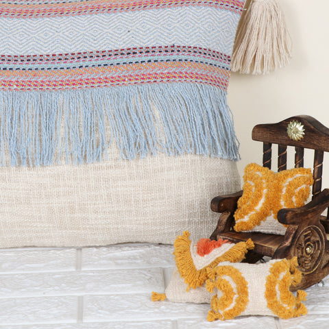 Set Of 2 Hand Loom Woven Texture Boho Blue White Stripe Fringe Cushion Cover