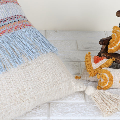 Set Of 2 Hand Loom Woven Texture Boho Blue White Stripe Fringe Cushion Cover