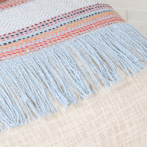 Set Of 2 Hand Loom Woven Texture Boho Blue White Stripe Fringe Cushion Cover