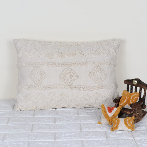 Set Of 3 Tufted Texture Boho Off-White Fringe Cushion Cover