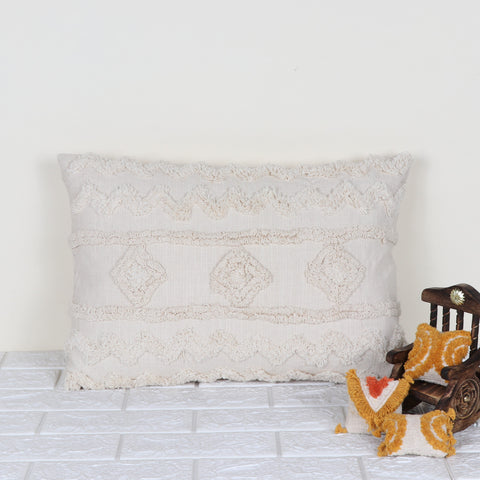 Set Of 3 Tufted Texture Boho Off-White Fringe Cushion Cover