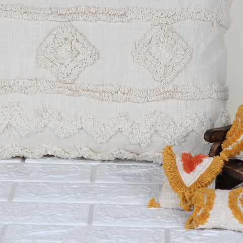 Set Of 2 Tufted Texture Boho Off-White Fringe Cushion Cover