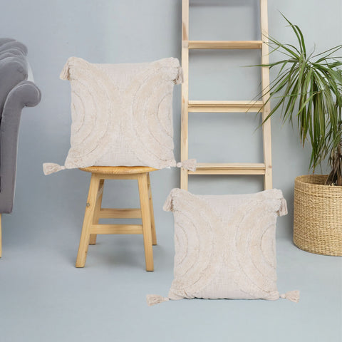 Set Of 2 Hand Tufted Texture Boho Ivory Fringe Cushion Cover