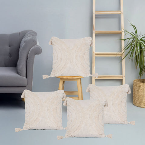 Set Of 3 Hand Tufted Texture Boho Ivory Fringe Cushion Cover