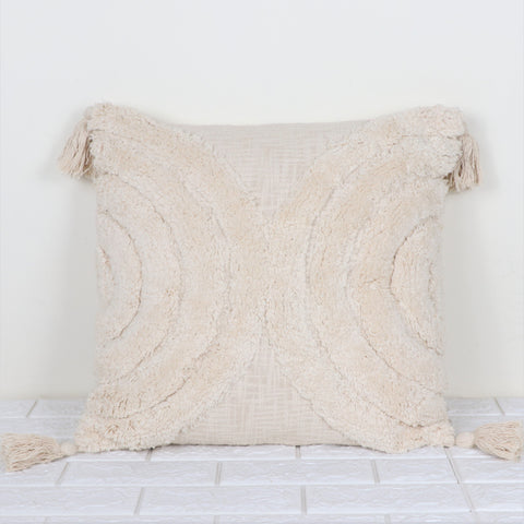Set Of 2 Hand Tufted Texture Boho Ivory Fringe Cushion Cover