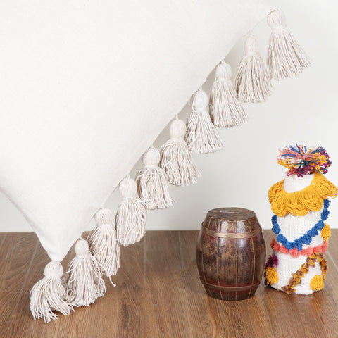 Hand Tufted Texture Boho Off-White Fringe Cushion Cover