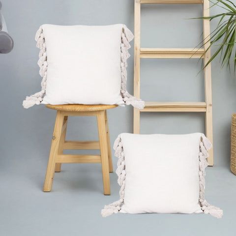 Set Of 2 Hand Tufted Texture Boho Off-White Fringe Cushion Cover