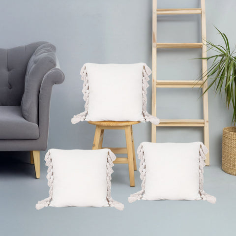 Set Of 3 Hand Tufted Texture Boho Off-White Fringe Cushion Cover