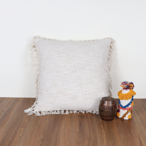 Set Of 2 Hand Tufted Texture Boho Ivory Fringe Cushion Cover