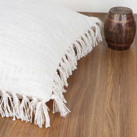 Set Of 2 Hand Tufted Texture Boho Ivory Fringe Cushion Cover