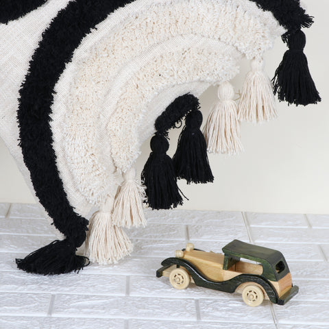 Set Of 2 Tufted Texture Boho Ivory Black Fringe Cushion Cover