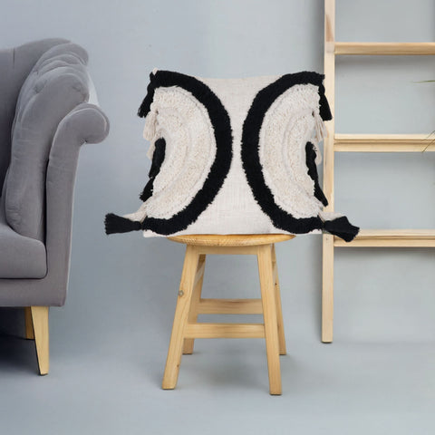 Tufted Texture Boho Ivory and Black Fringe Cushion Cover