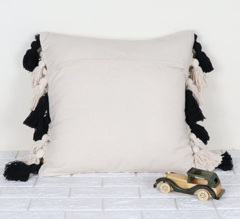 Set Of 2 Tufted Texture Boho Ivory Black Fringe Cushion Cover