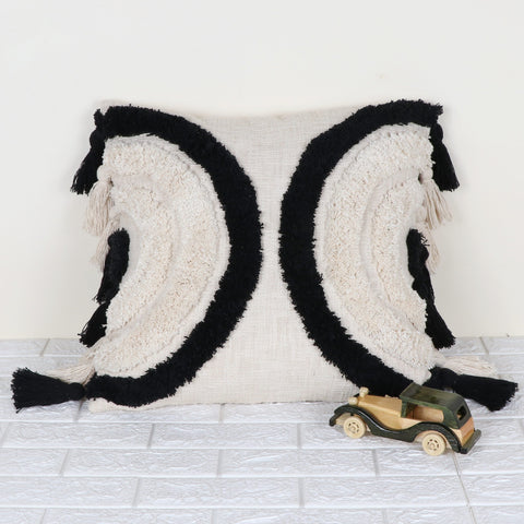 Tufted Texture Boho Ivory and Black Fringe Cushion Cover